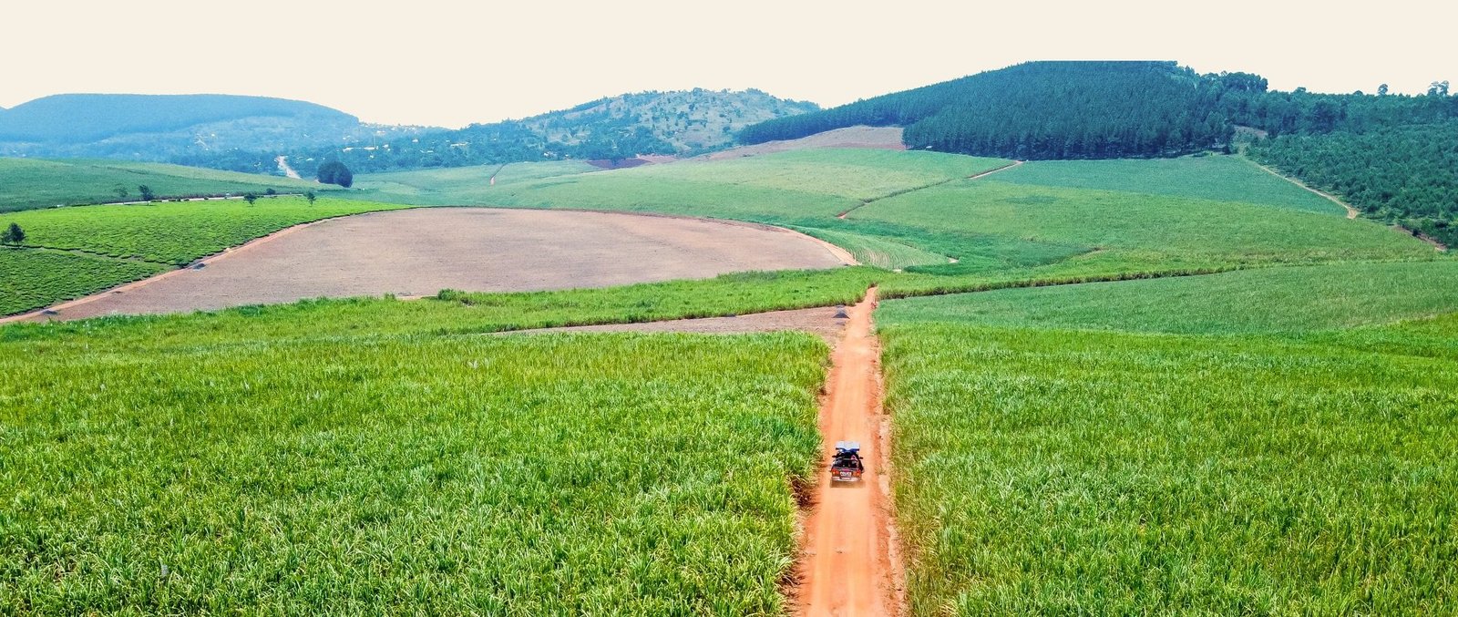 An aerial view of a red earth track running between sugar cane fields toward wooded hills in rural Uganda